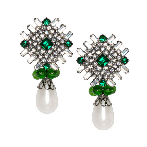 Emerald and White Pearl Drop Clip Earrings