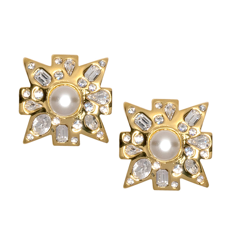 Crystal And White Pearl Maltese Cross Clip Earrings