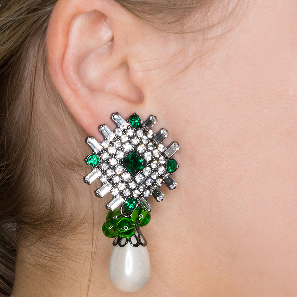 Emerald and White Pearl Drop Clip Earrings