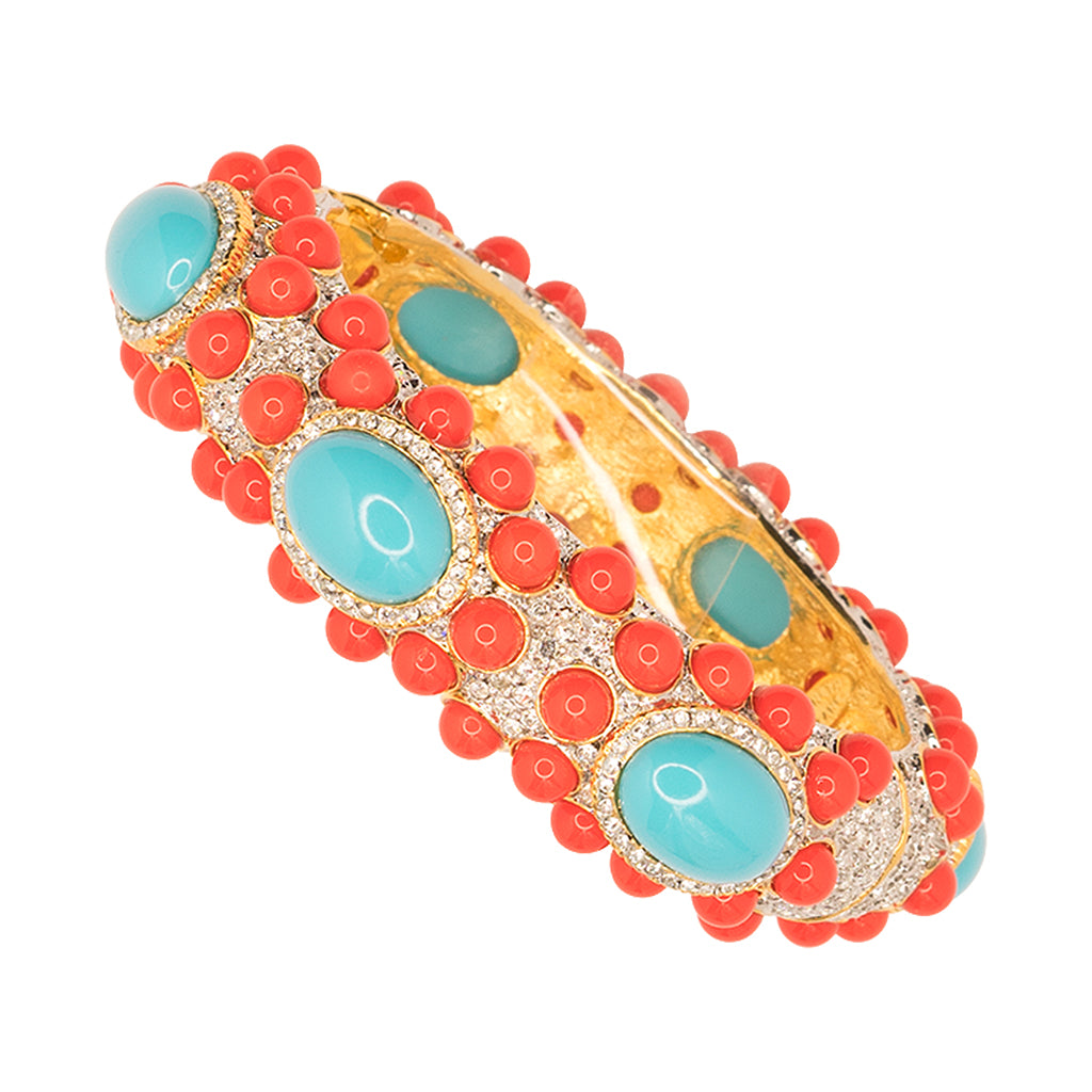 KJL Kenneth Jay Lane Coral Turquoise Pink Tones Cabochon Clamp Cuff Bracelet offers 7