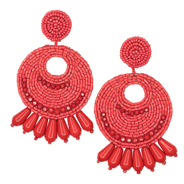 Large Red Seed Bead Round Gypsy Hoop Pierced or Clip Earrings