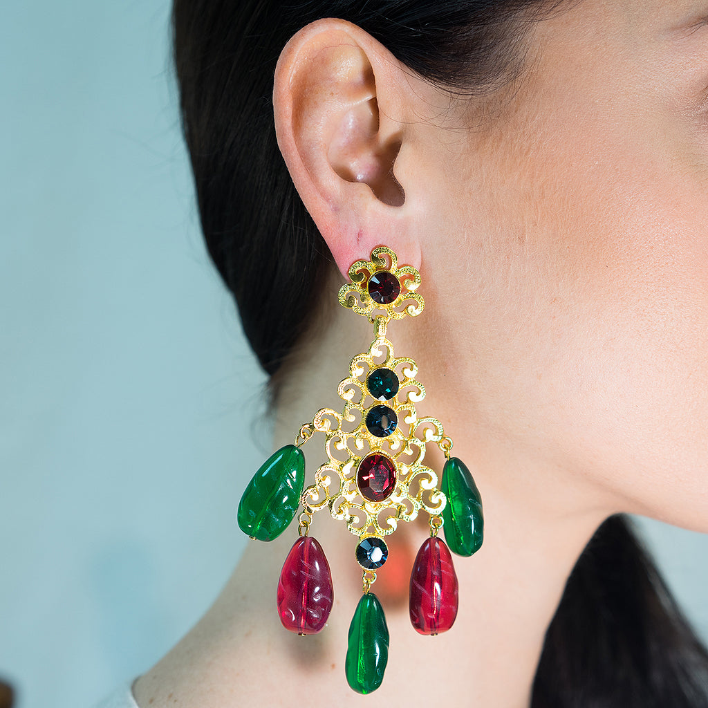 Multicolored Filigree Drop Clip Earrings