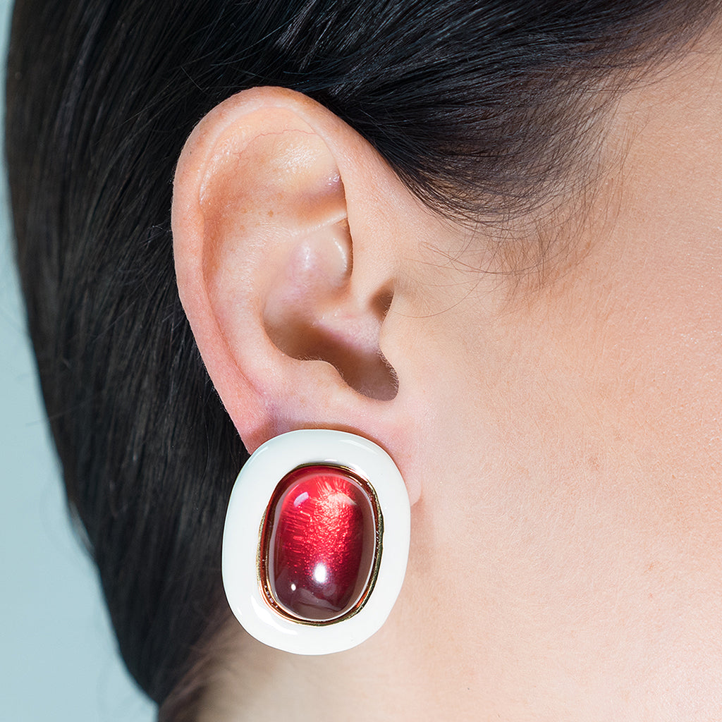 White And Ruby Clip Earrings