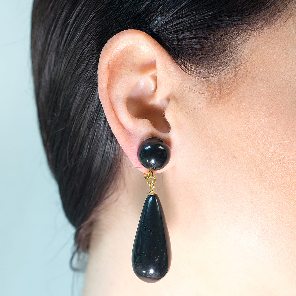 Black Teardrop Pierced or Clip Earrings