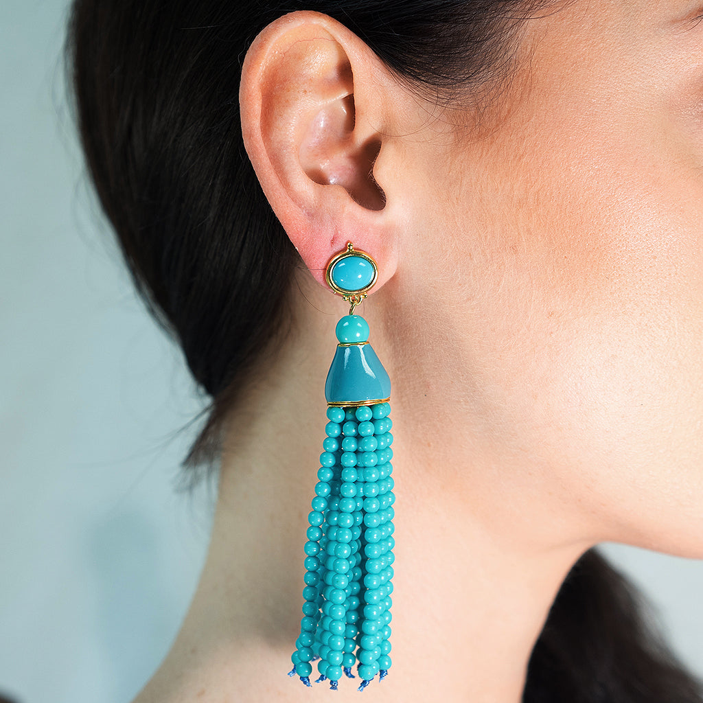 Turquoise Seed Bead Tassel Pierced or Clip Earring