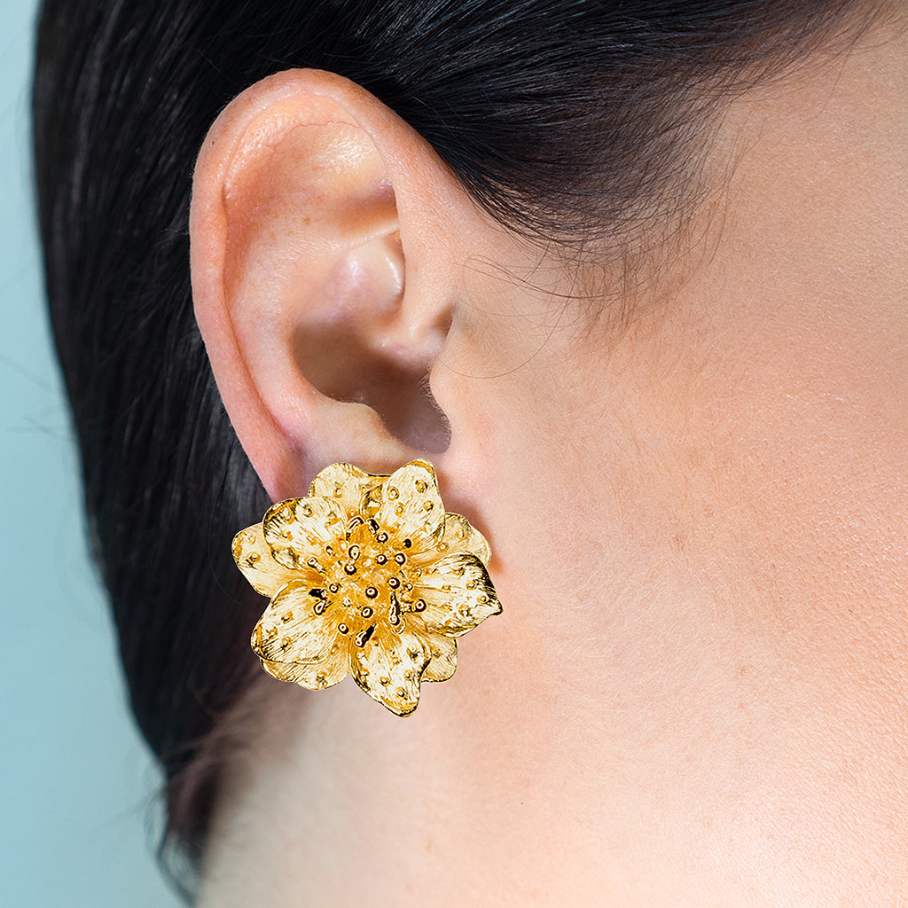 Satin Gold Dogwood Flower Clip Earrings