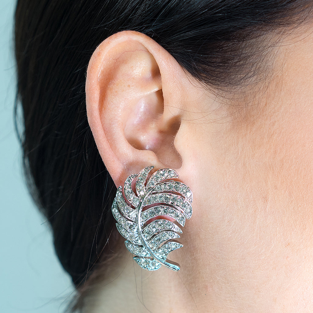 Crystal Feather Clip-On Earrings