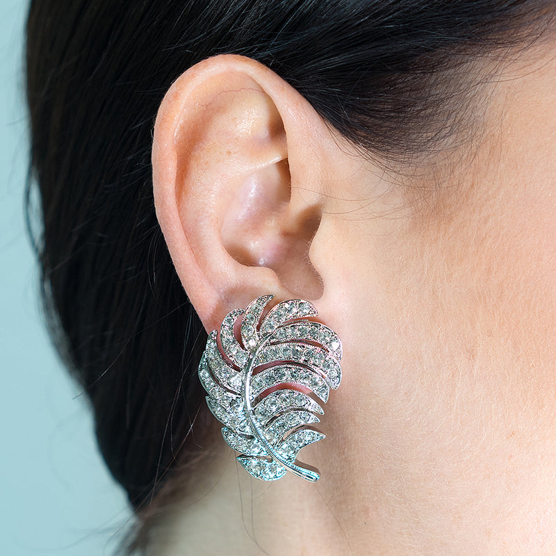 Crystal Feather Clip Earrings