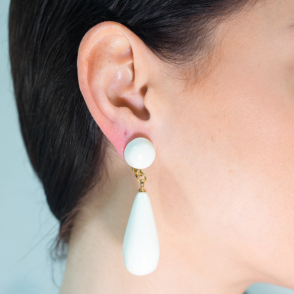 White Teardrop Pierced or Clip Earrings