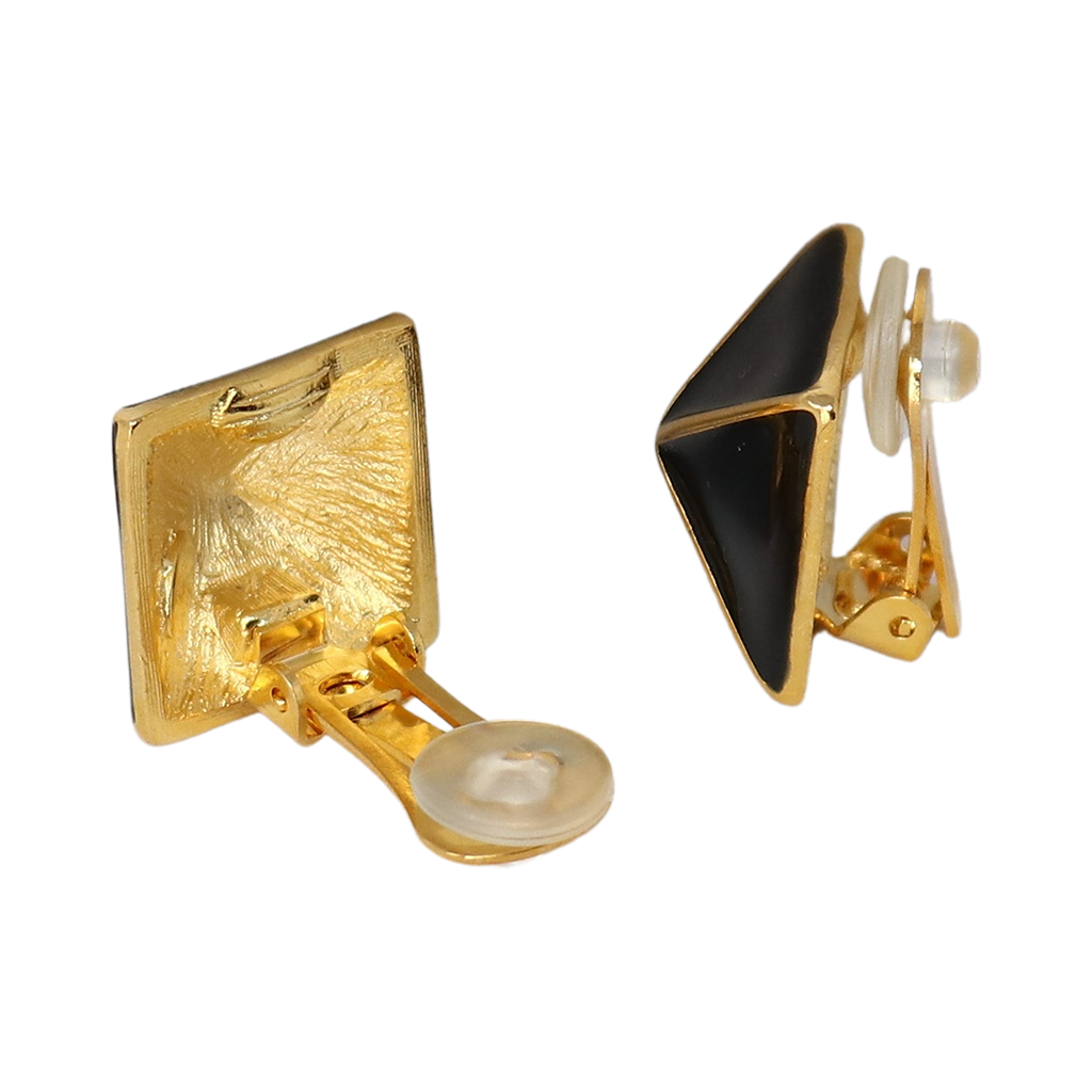 Polished Gold Black Pyramid Earrings Edgy and Modern Jewelry Kenneth Jay Lane Statement Earrings Sleek Polished Gold Pyramids Chic Black Accents Comfortable Post Earring Style Versatile Sophisticated Accessories Bold and Modern Earrings Gift for Fashion-forward Enthusiasts Polished Gold Pyramid Statement Earrings