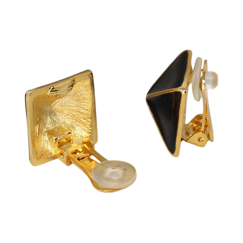 Polished Gold Black Pyramid Earrings Edgy and Modern Jewelry Kenneth Jay Lane Statement Earrings Sleek Polished Gold Pyramids Chic Black Accents Comfortable Post Earring Style Versatile Sophisticated Accessories Bold and Modern Earrings Gift for Fashion-forward Enthusiasts Polished Gold Pyramid Statement Earrings