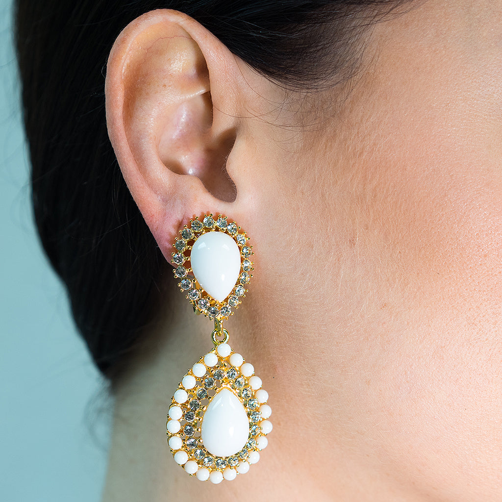 White & Crystal Teardrop Clip Earrings