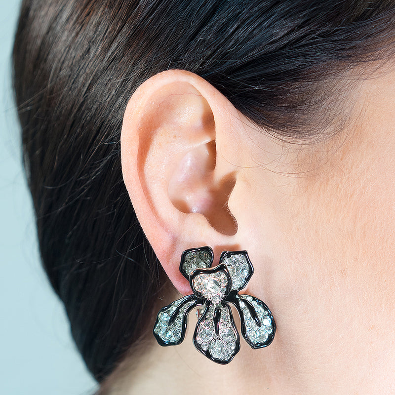 Crystal Flower Clip Earrings