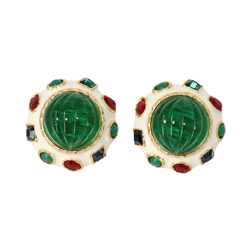 emerald center round clip earring kenneth jay lane gold-plated emerald cabochon round shape clip-on closure classic earrings elegant earrings everyday earrings special occasion earrings gift for her women's jewelry