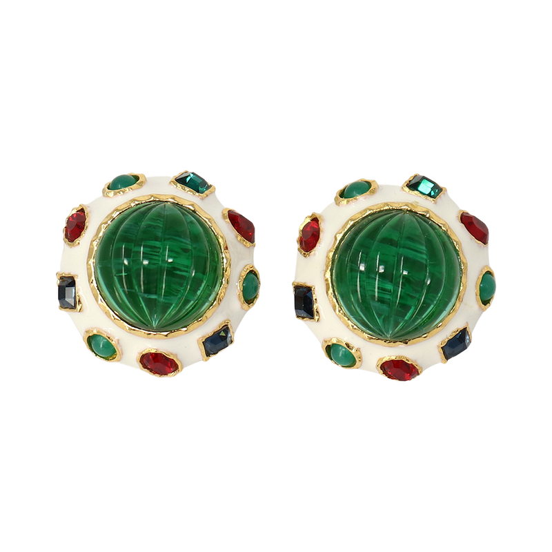 emerald center round clip earring kenneth jay lane gold-plated emerald cabochon round shape clip-on closure classic earrings elegant earrings everyday earrings special occasion earrings gift for her women's jewelry