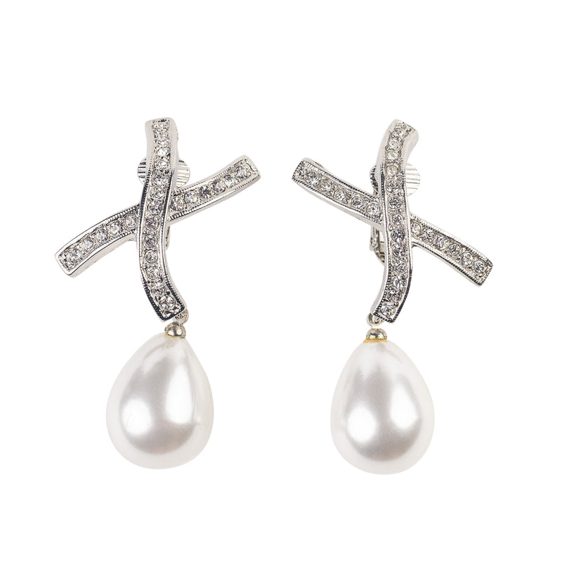 Rhinestone "X" Pearl Drop Clip Earrings