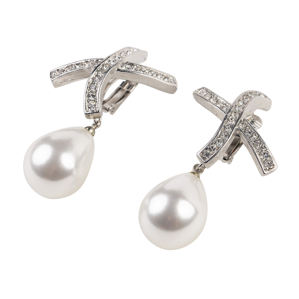 Rhinestone "X" Pearl Drop Clip Earrings