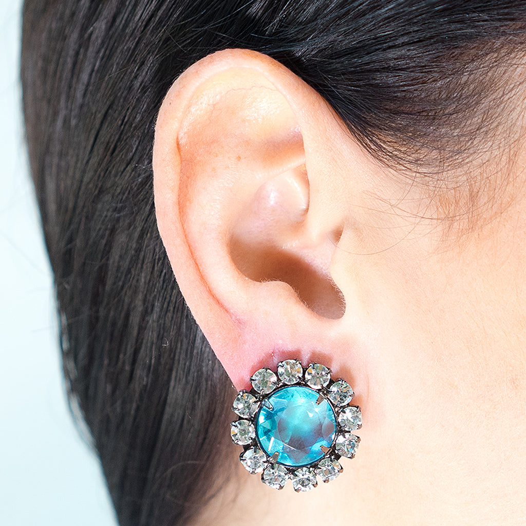 Aqua Button Clip Earrings