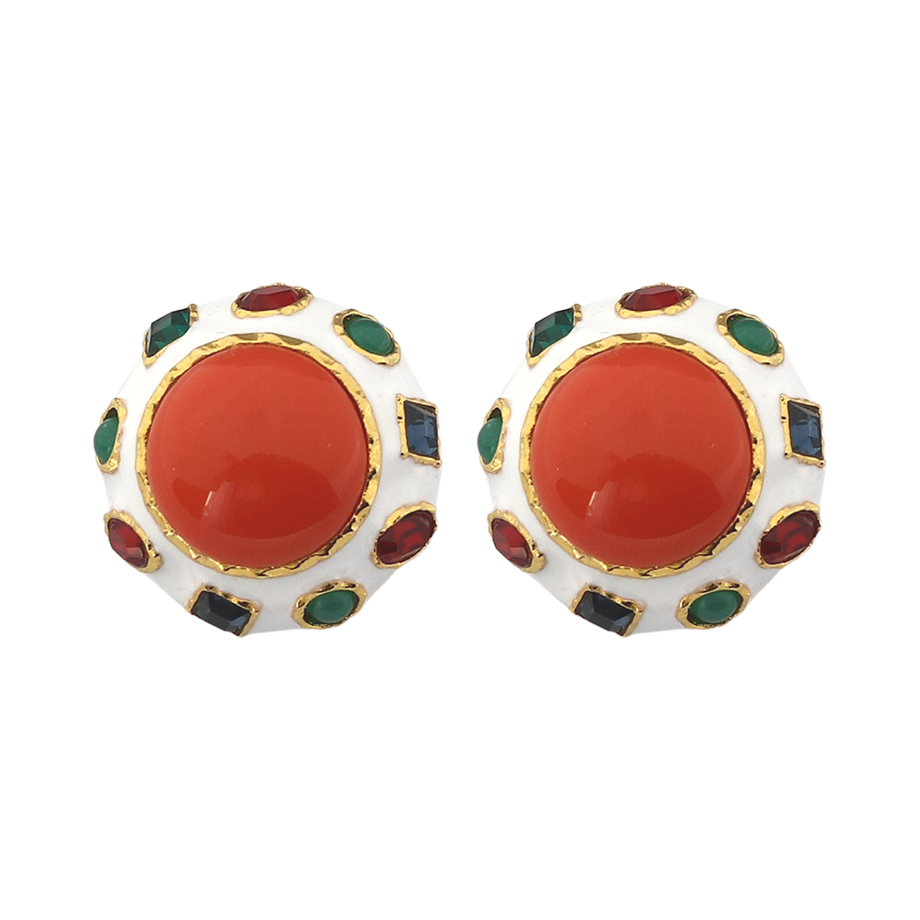 Gold Multicolored Gemstone With Coral Cabochon Earring