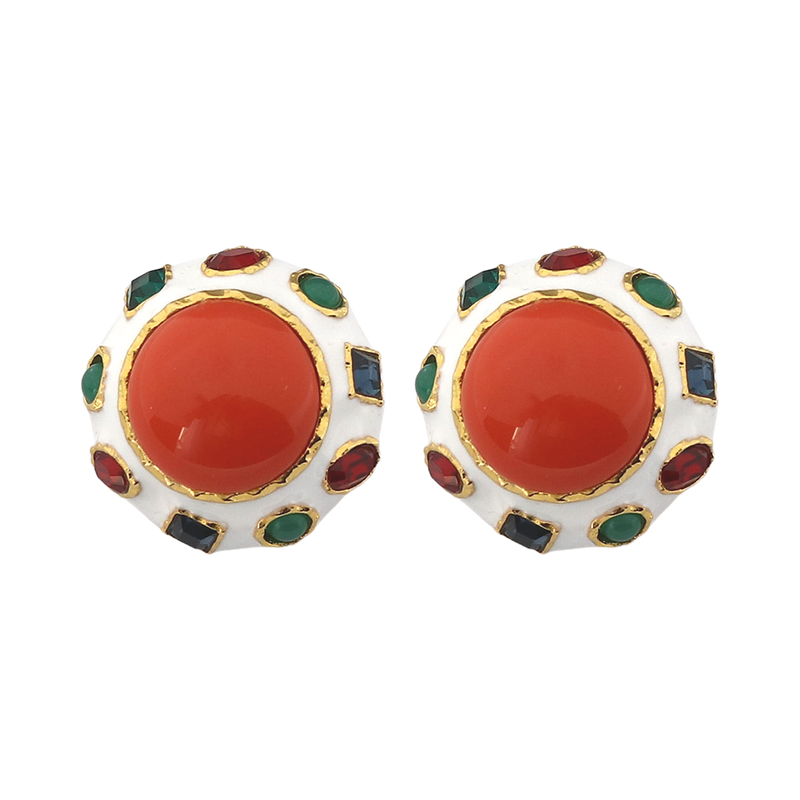 Gold Multicolored Gemstone With Coral Cabochon Earring