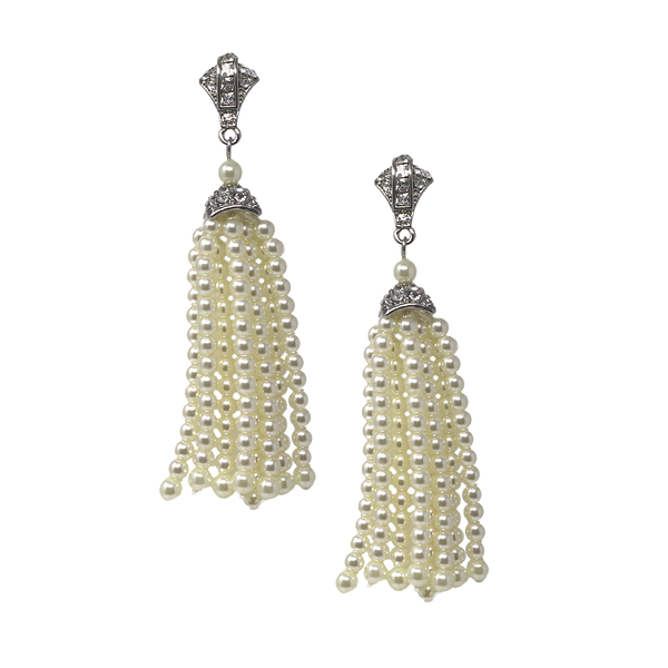 Glamorous Pearl Tassel Pierced Earrings Luxurious and Alluring Jewelry Kenneth Jay Lane Statement Earrings Cascading Faux Pearl Tassel Dazzling Rhodium and Rhinestone Cap Comfortable Pierced Earrings Opulent and Sophisticated Accessories Timeless Elegance Pearl Earrings Gift for Glamour Enthusiasts Cascading Faux Pearl Earrings with Rhinestone Cap