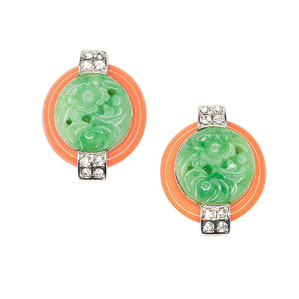 Coral And Jade Art Deco Clip Earrings