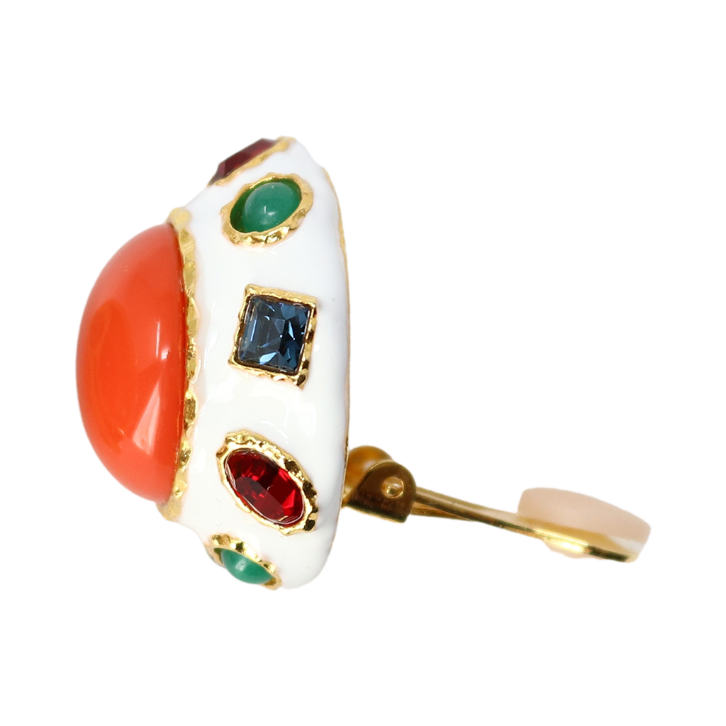 Gold Multicolored Gemstone With Coral Cabochon Earring