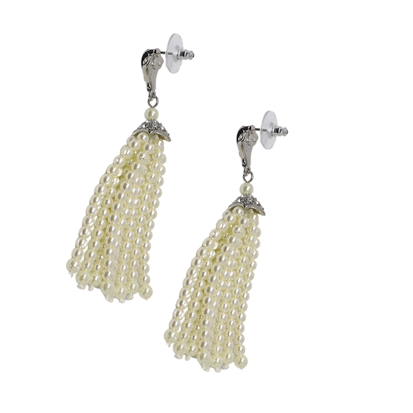 Glamorous Pearl Tassel Pierced Earrings Luxurious and Alluring Jewelry Kenneth Jay Lane Statement Earrings Cascading Faux Pearl Tassel Dazzling Rhodium and Rhinestone Cap Comfortable Pierced Earrings Opulent and Sophisticated Accessories Timeless Elegance Pearl Earrings Gift for Glamour Enthusiasts Cascading Faux Pearl Earrings with Rhinestone Cap