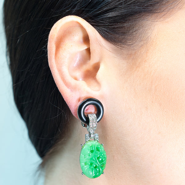 Black And Jade Art Deco Pierced or Clip Earrings