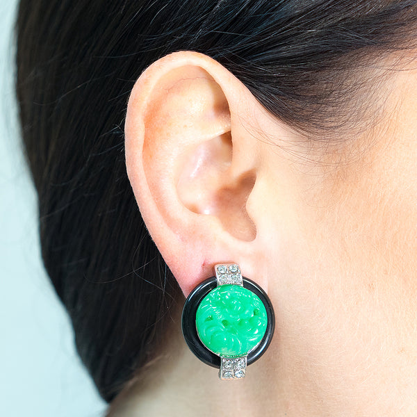 Black And Jade Art Deco Clip Earrings