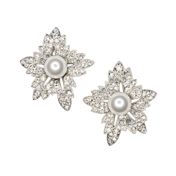 White Pearl Flower Clip Earrings