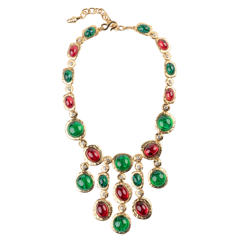 Satin Gold and Crystal Multicolor Gem Necklace