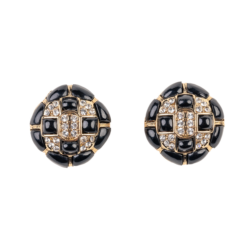 Rhinestone and Black Button Clip Earring