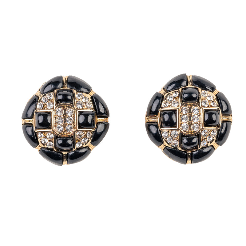 Rhinestone and Black Button Clip Earring