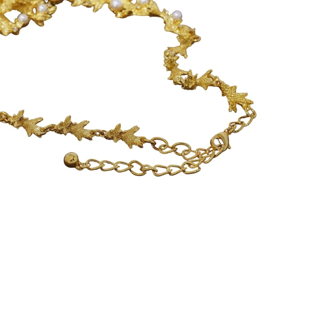 Satin Gold and White Pearl Branch Necklace