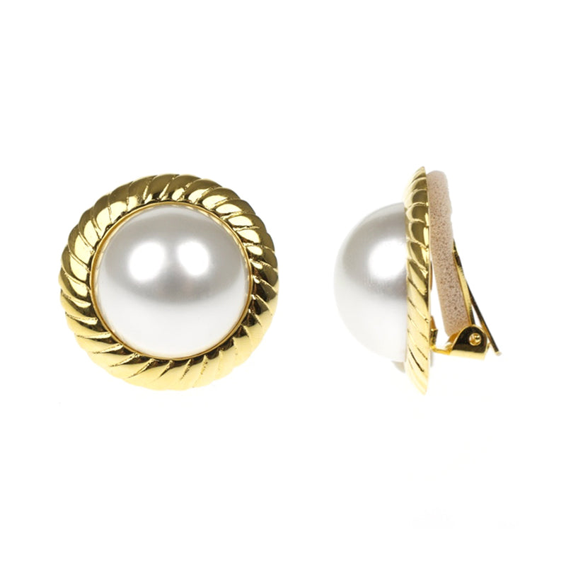 Cultura Pearl & Polished Gold Button Clip Earrings
