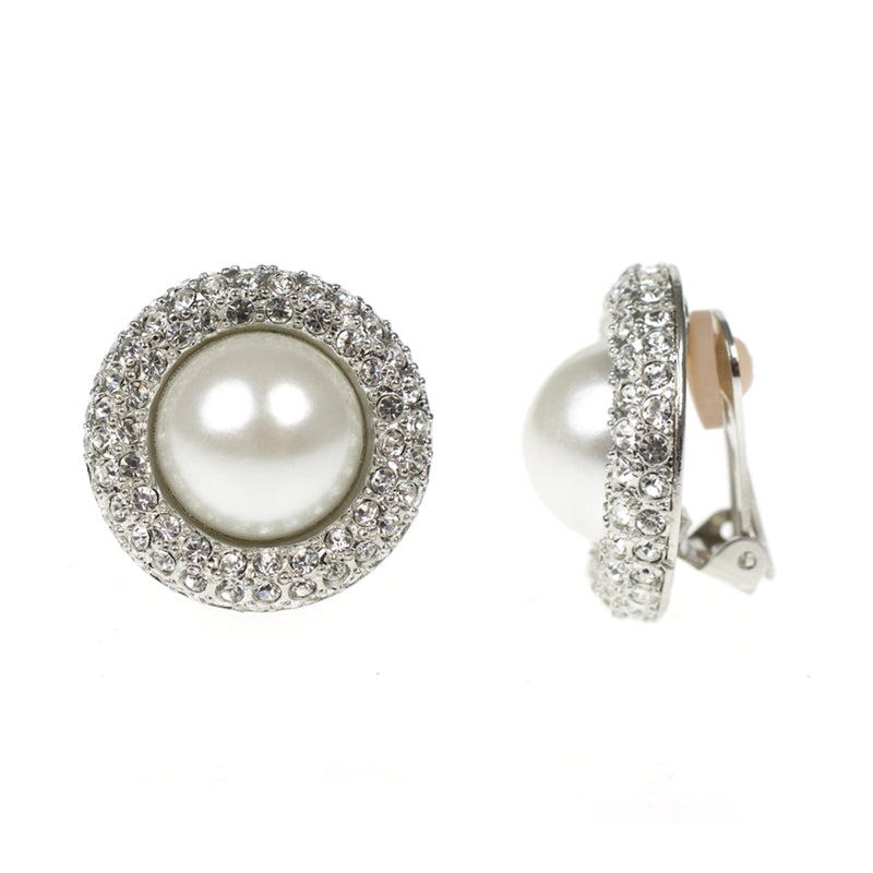 Silver & Crystal Pearl Clip Earrings
