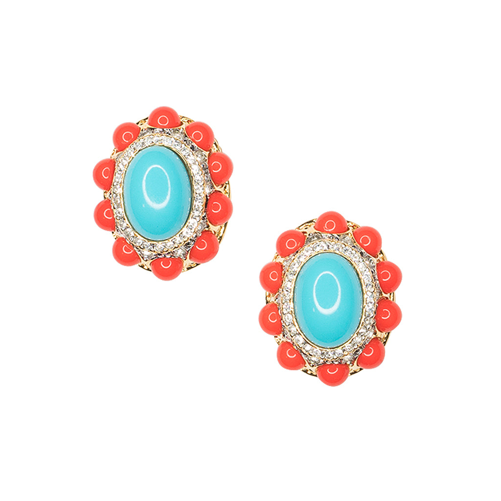 Coral and Turquoise Oval Clip Earrings