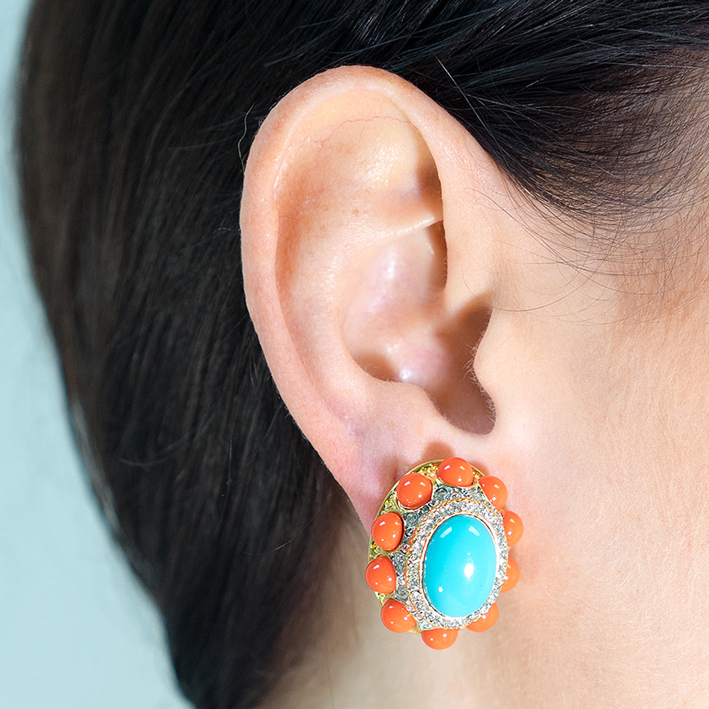 Coral and Turquoise Oval Clip Earrings