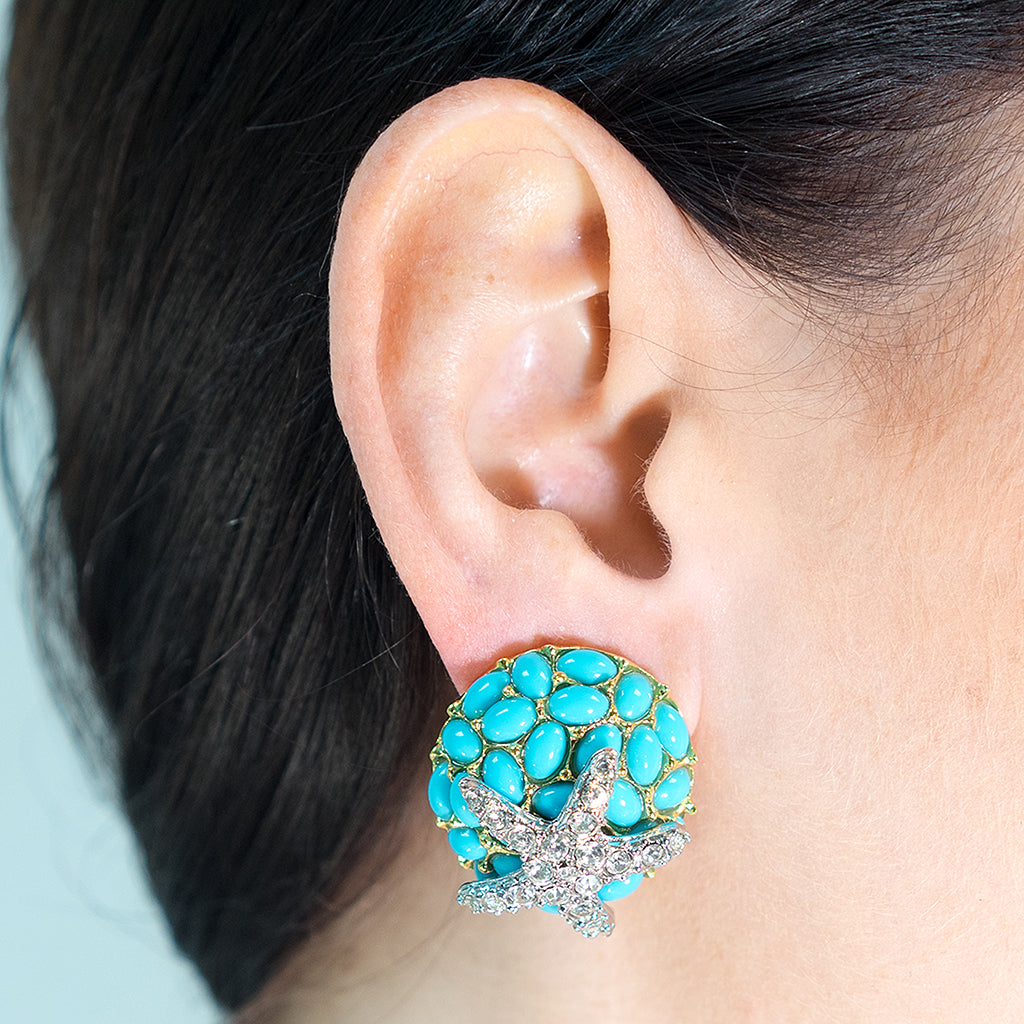 Turquoise And Crystal Starfish Clip Earrings