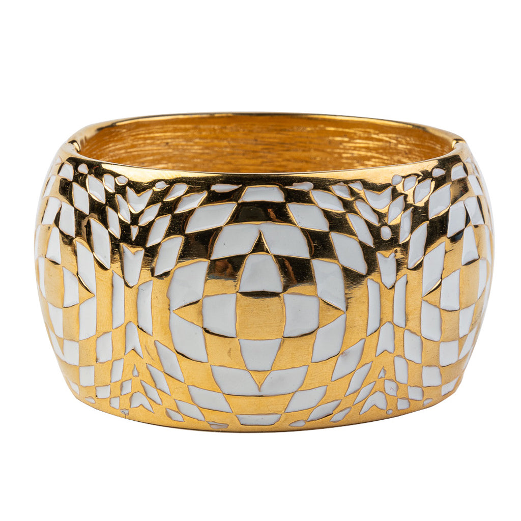 Polished Gold and White Enamel Hinged Bracelet