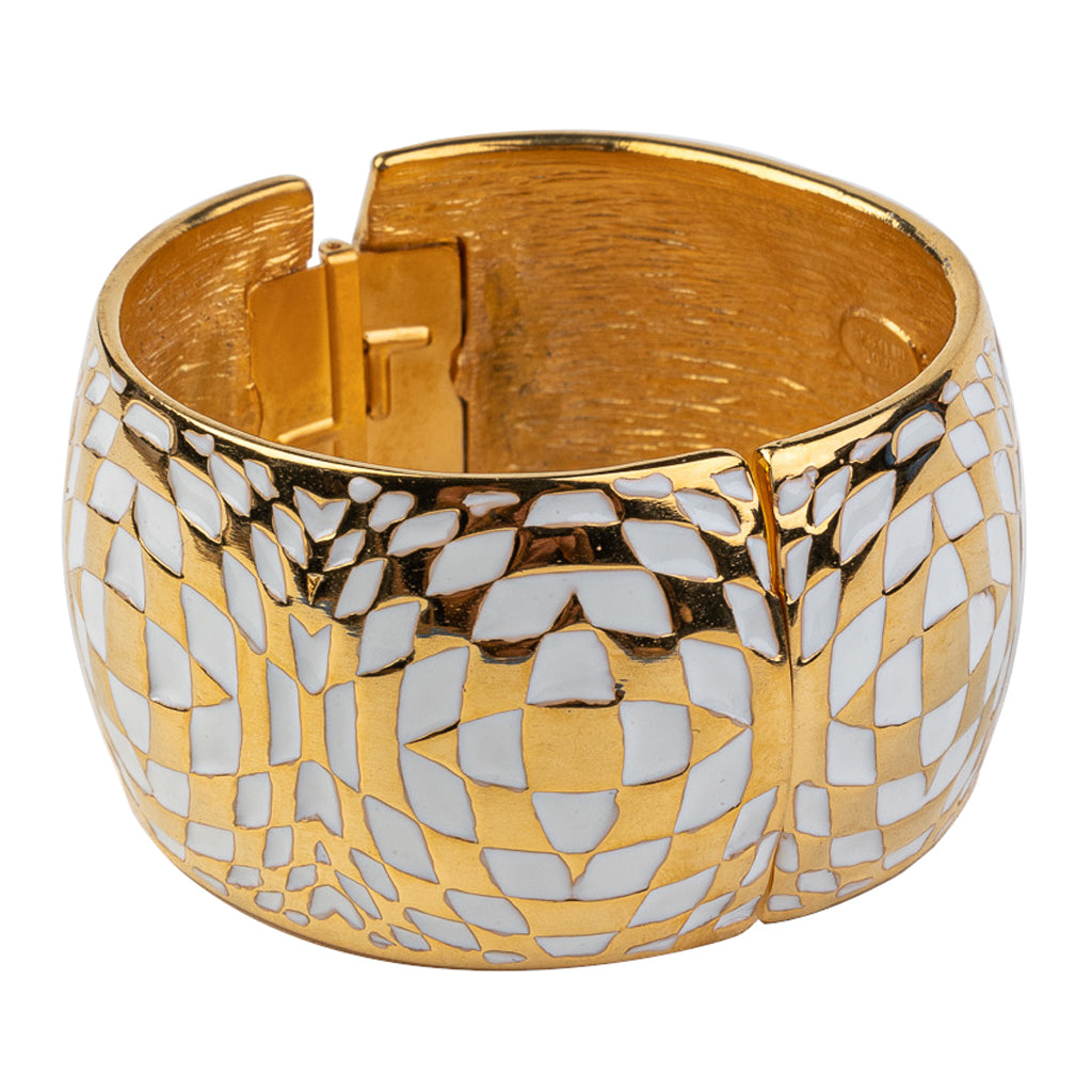 Polished Gold and White Enamel Hinged Bracelet