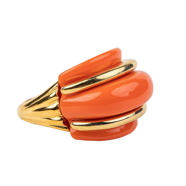 Gold and Coral Double Ribbed Ring