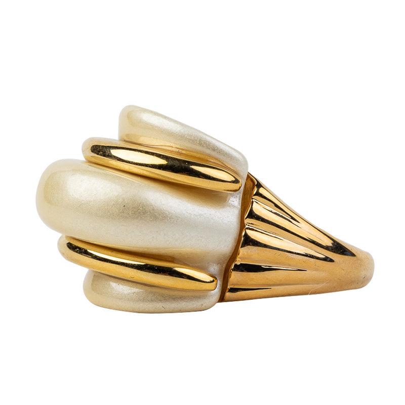 Gold and Pearl Double Ribbed Ring