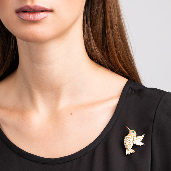 Gold with White Enamel Hummingbird Pin
