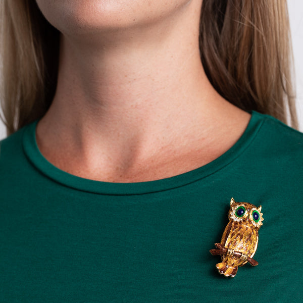 Gold with Yellow and Brown Owl Pin
