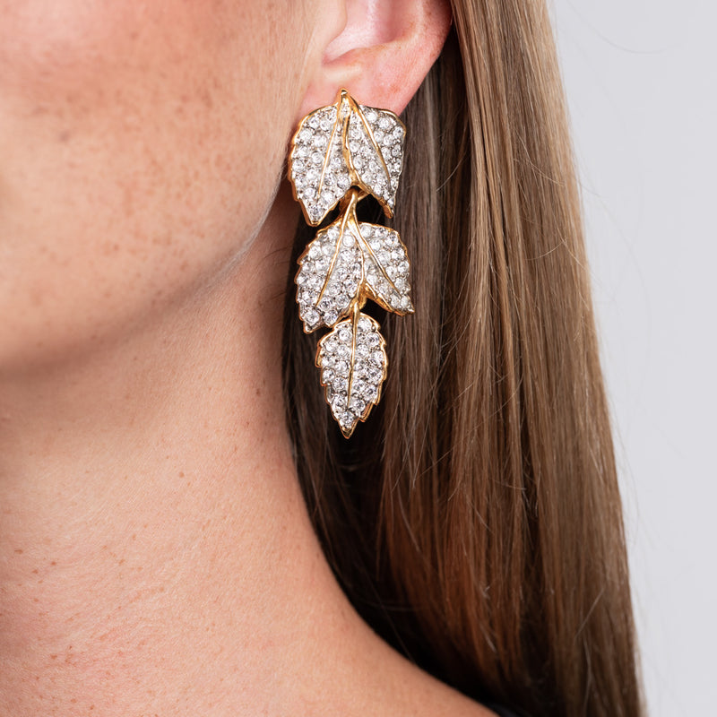 Rhinestone Leaves Clip Earrings