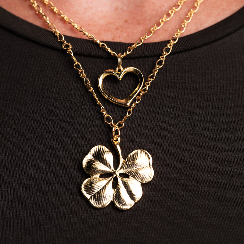 Heart and Clover Double Chain Pendant Necklace