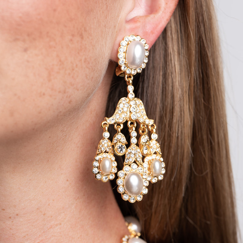 Gold Chandelier and White Pearl Clip Earrings