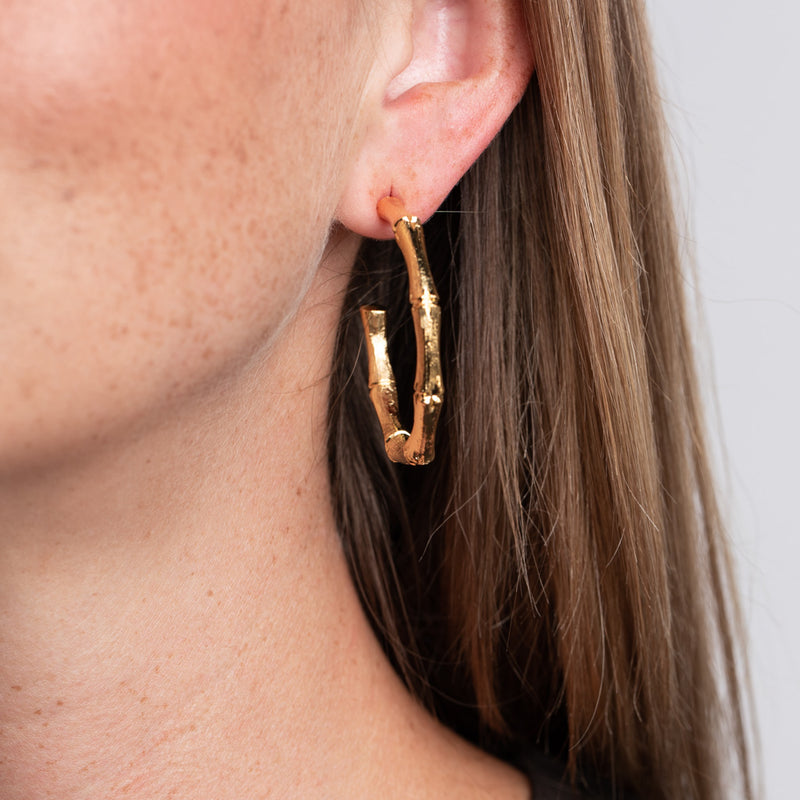 Medium Gold Bamboo Hoop Pierced Earrings